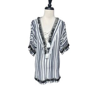 Velzera Short Sleeve Striped, Fringed Bohemian Mini Dress Cover Up Size Small
